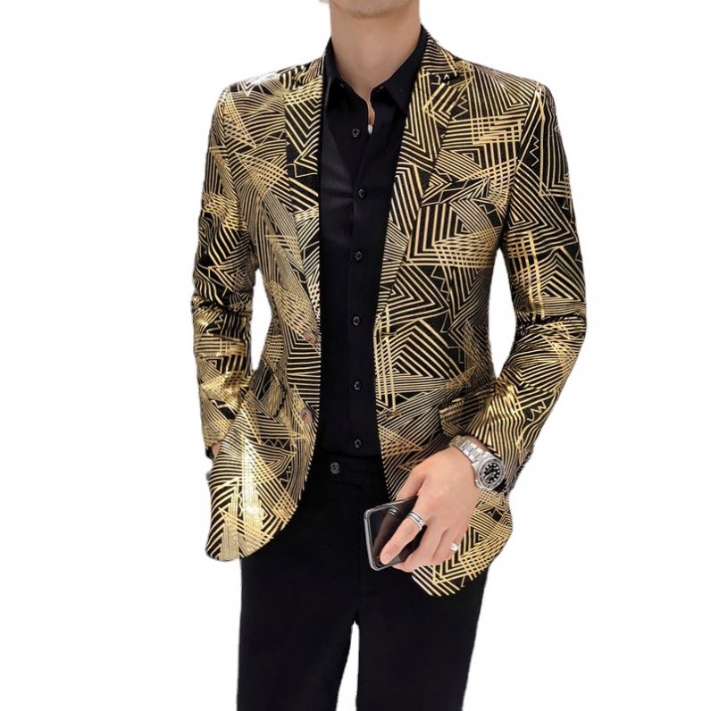 Men Korean New Blazer Slim Fit Print Mens Jacket Long Sleeve Casual Hairstylist Suit Dress Size 48~60/M-5Xl