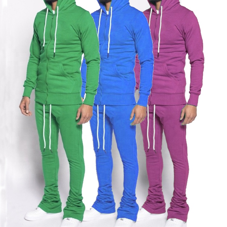Mens Streetwear Clothing Jogging Stacked Pants Zip Hoodie 2 pcs Set Tracksuits Jogging Suits For Men