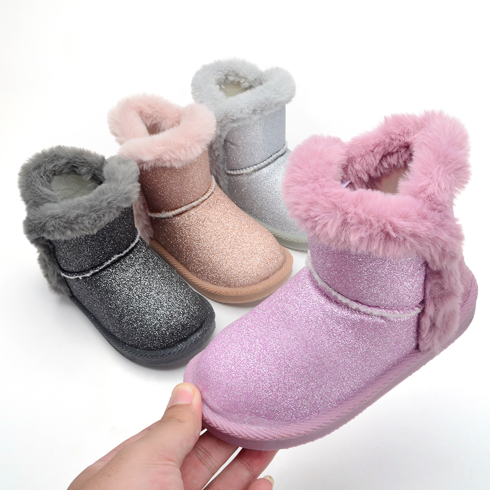 Dropshipping sequins bling bling faux fur unisex children's snow boots for girls kids