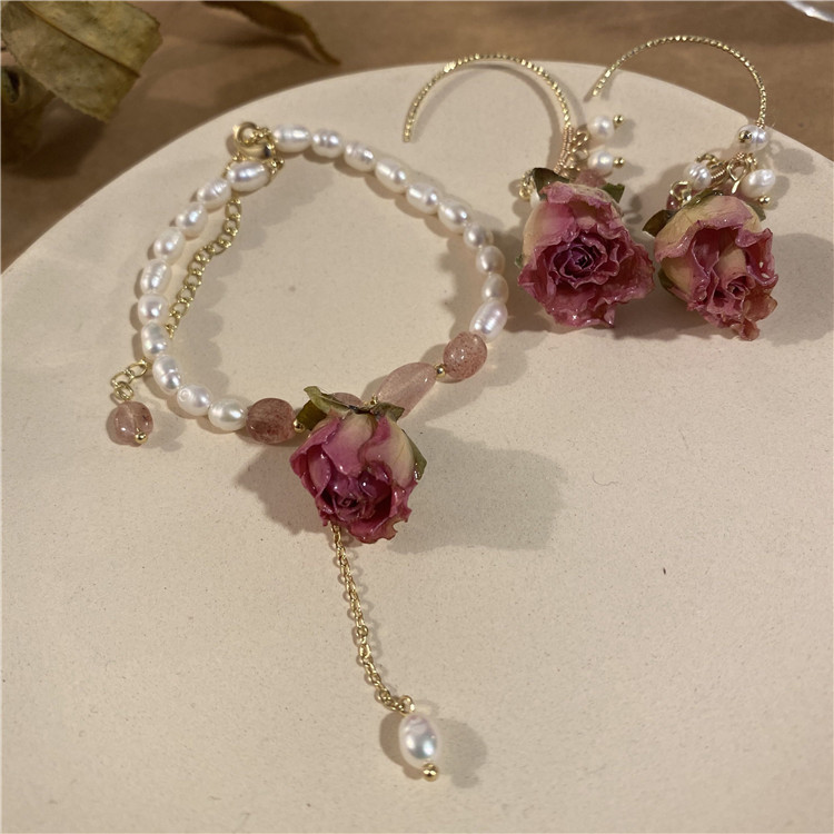 New Design Women's Retro Adjustable Pearl Bracelet Vintage Long Life Dried Flower Rose Flower Freshwater Pearl Beaded Bracelet