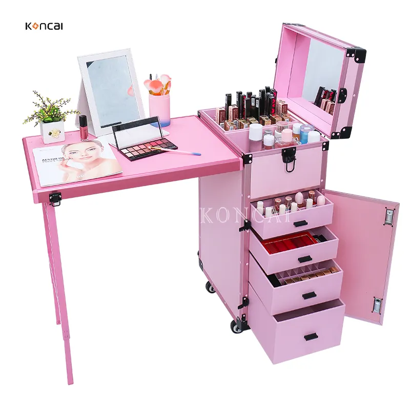 Customized Pink Nail Manicure Table Rolling Nail Polish Organizer  Train Case Nail Desk Workstation