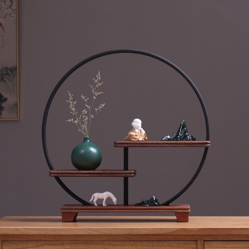 Place shelves Zen desktop ornaments iron Chinese ancient handicrafts tea table base shelf solid wood