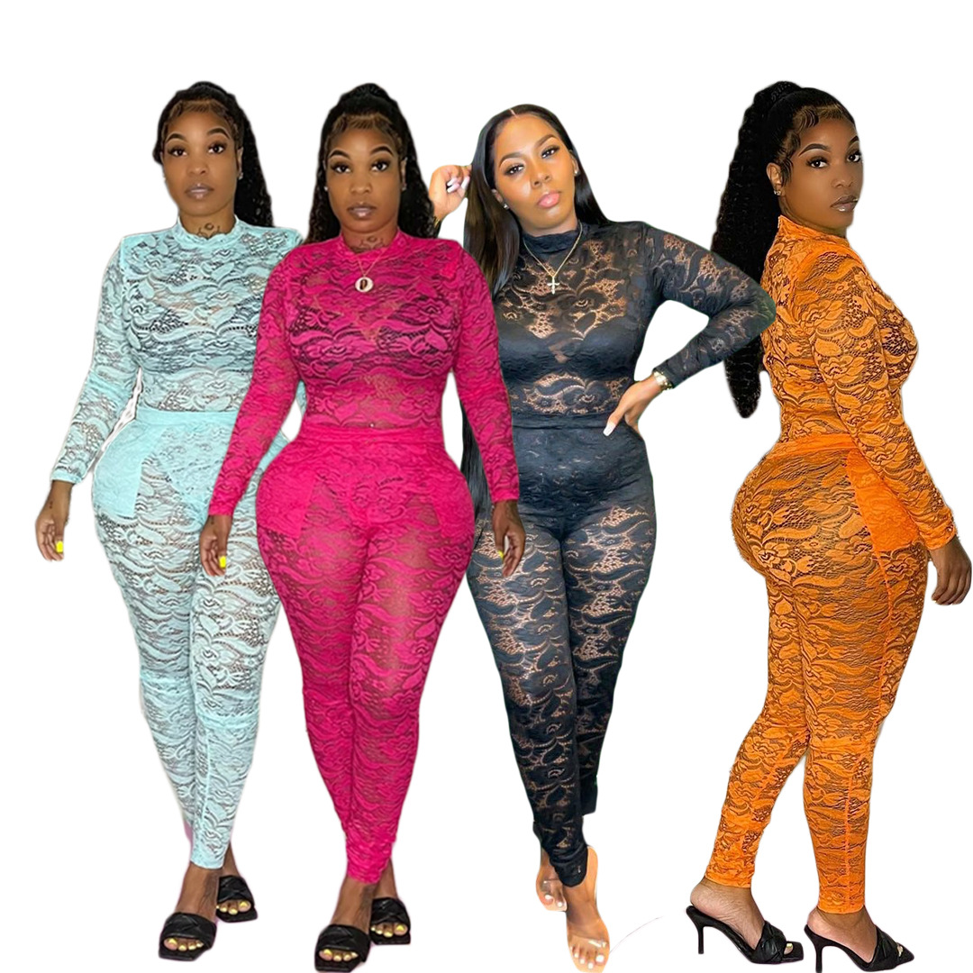 2021 Fall Sexy Nightclub Wear Set Long Sleeve Women Clothes Two Piece Set Pants See-through Lace Bodysuit