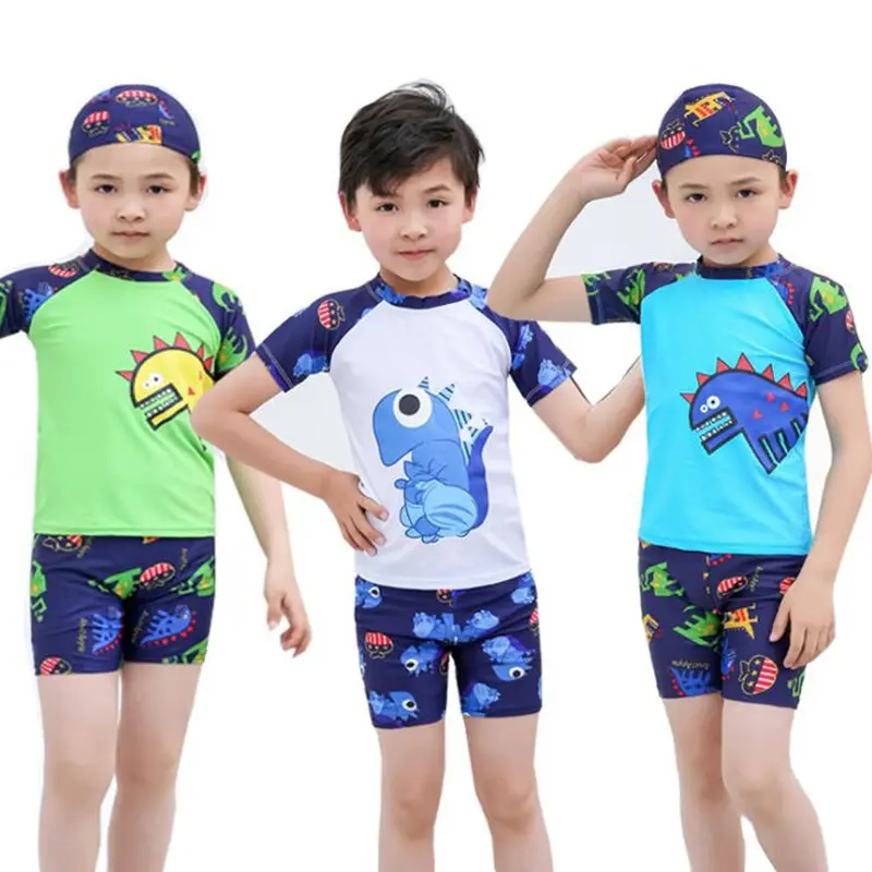 OEM Cheap short sleeves dinosaur Baby and Toddler Boys' 3-Piece Swimsuit Trunk and Rashguard swimwear set