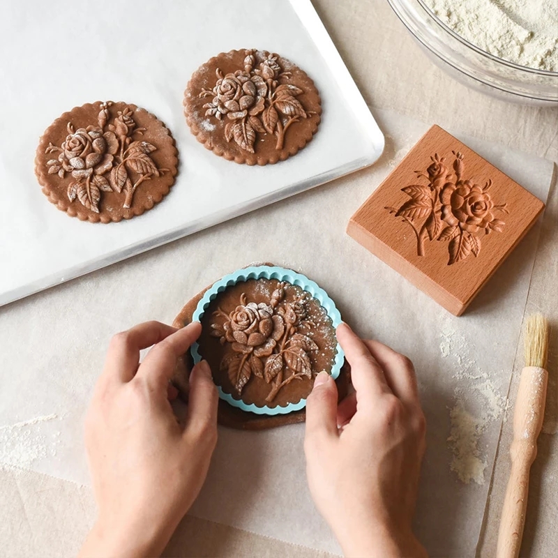 Flower Rose Pinecone Cookie Cutter 3D Biscuit Mold Wooden Gingerbread Cookie Stamp Embossing Baking Mold For Kitchen