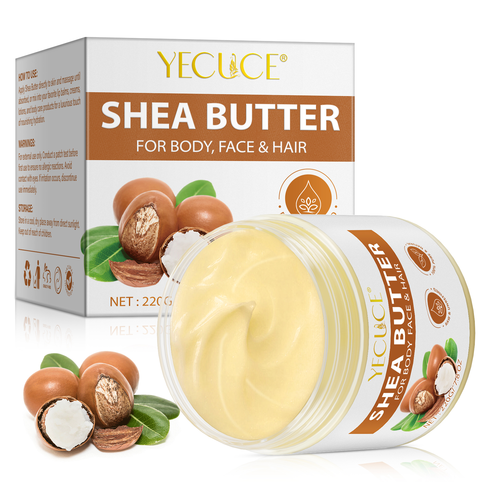 YECUCE 220G Natural Organic Shea Butter Cream Deep Moisturizing Smooth Whitening Body Butter Lotion For Face Body & Hair