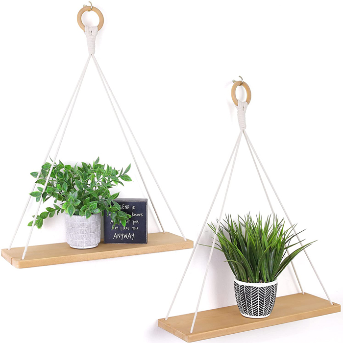 BODI Modern farmhouse decor handcrafted natural twisted cotton rope pine wood hanging shelf