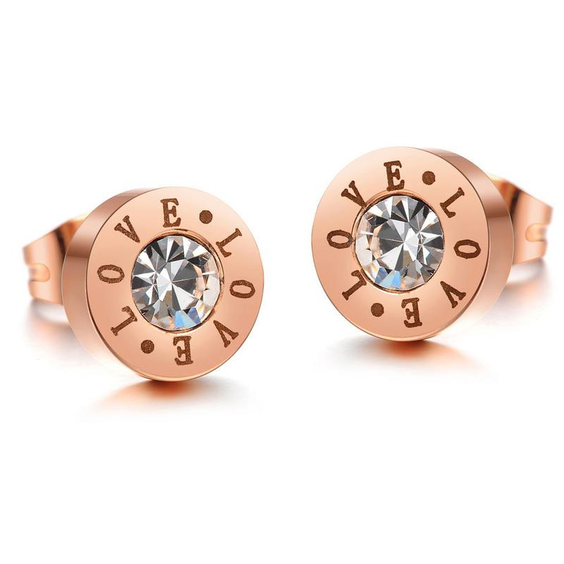 New Fashion Valentine's Day Gift Round Engraved LOVE Rose Gold Plated Shiny Zircon Stud Earrings