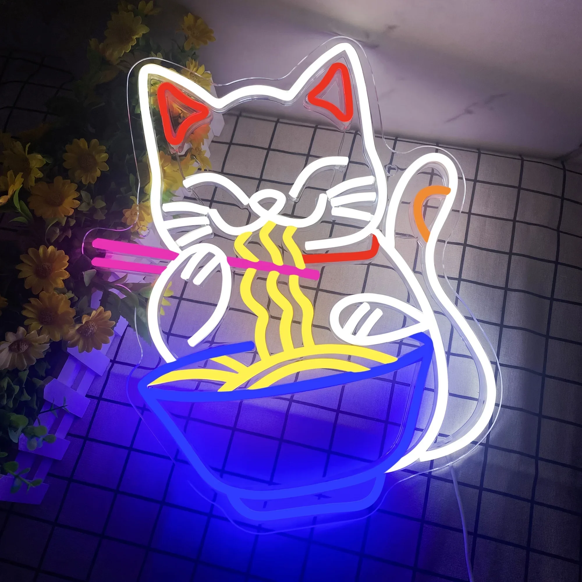 Fortune Cat Ramen Neon Sign Dimmable LED Wall Decor Japanese Lucky Cat Noodle Ramen Restaurant Home Bar Landscape Neon Lights
