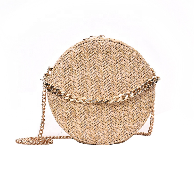 2019 Hot Selling Fashion Summer Beach Bag Chain Shoulder Crossbody Bag Handwoven Round Straw Bag For Women