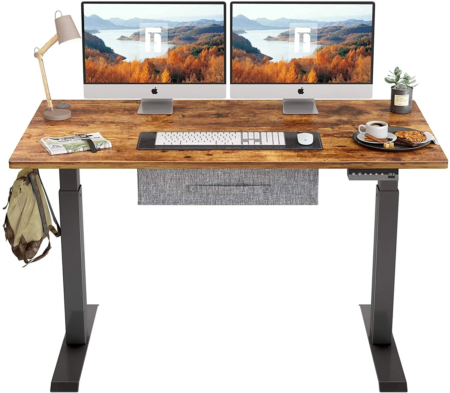 Rustic Brown Top 48 x 24 Inches Splice Board Electric Height Adjustable Sit Standing Desk for Home Office