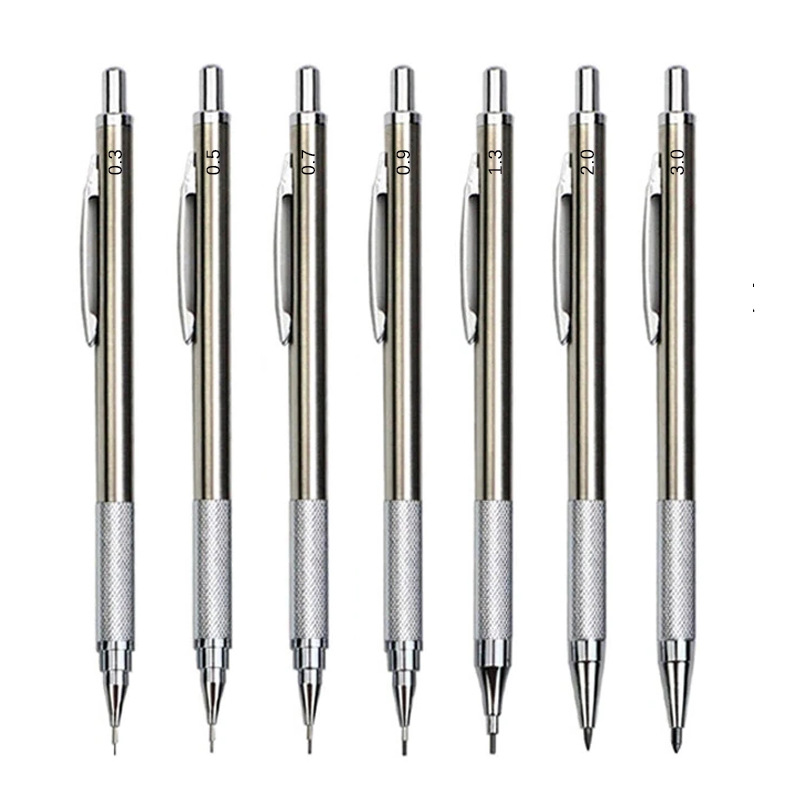 wholesale 0.3/0.5/0.7/0.9/1.3/2.0/3.0mm HB Designer drawing pencil stainless steel Automatic pencil metal mechanical pencil