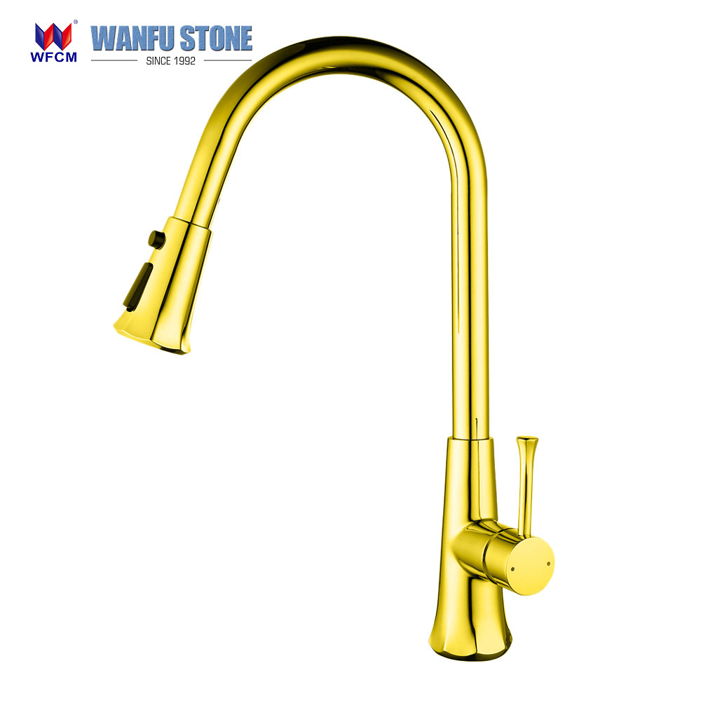 Golden color faucet, pull out spray kitchen faucet, Stainless steel kitchen faucets,