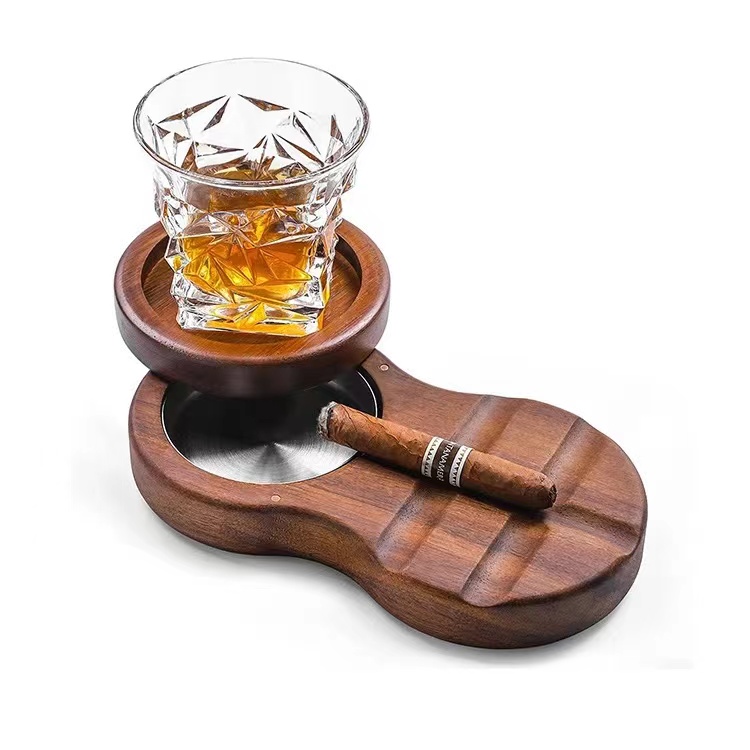 Wholesale Luxury Smoking Accessories Wooden Cigar Ashtray With Whiskey Glass Coasters