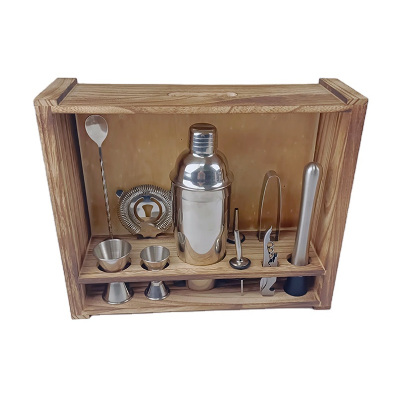 Bartender Kit with Rustic Wood Stand Perfect Home Bartender Kit for Drink Mixing Stainless Steel Bar Tools With Stand