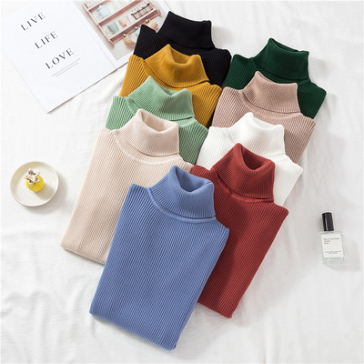 2021 Women's Autumn and Winter Korean Style New Solid Color High-neck Slim Long-sleeved Pullover Fine Wool Knitted Sweater