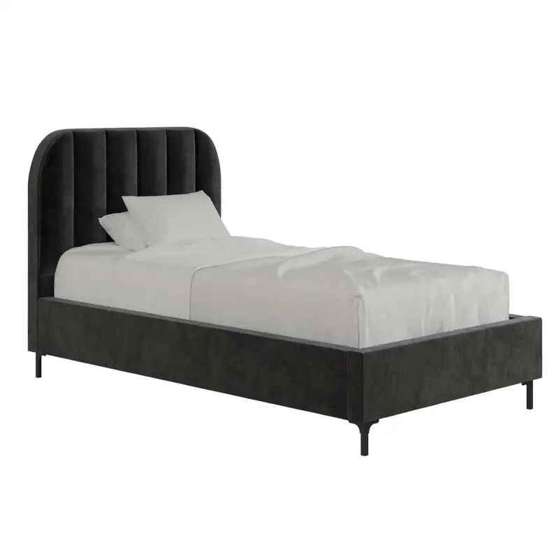 chic modern style twin XL size velvet upholstered bed with high profile ribbed tufted headboard