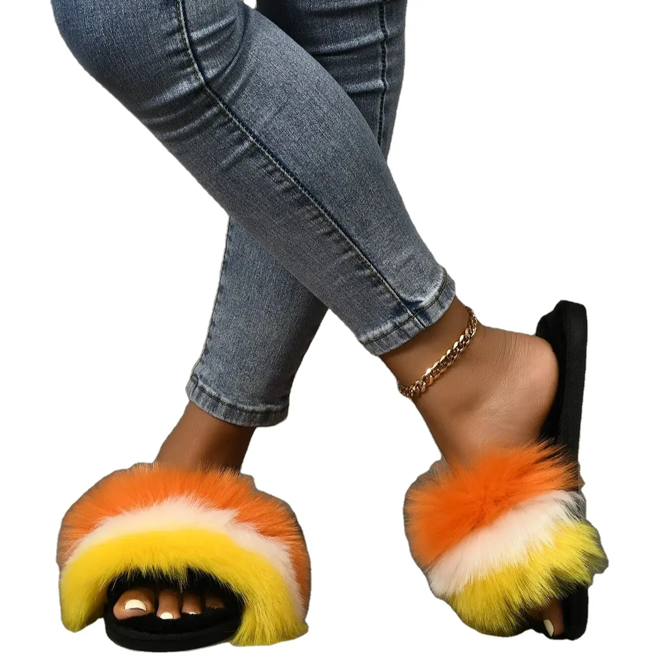 Colorful Fluffy Bedroom Slippers Woman Slipper PVC Material Woman Slides Suitable Wear Outdoor With Fur On The Upper