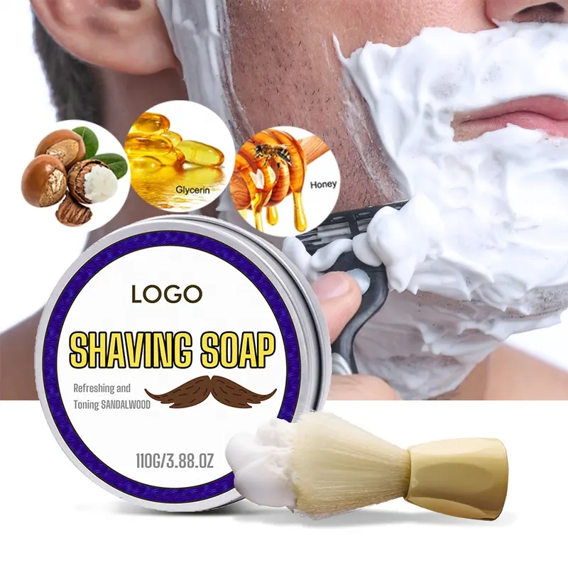 Natural Plant Ingredients Shea Butter Sandalwood Beard Shaving Balm Cream Vegan Solid Shaving Foaming Soap For Men