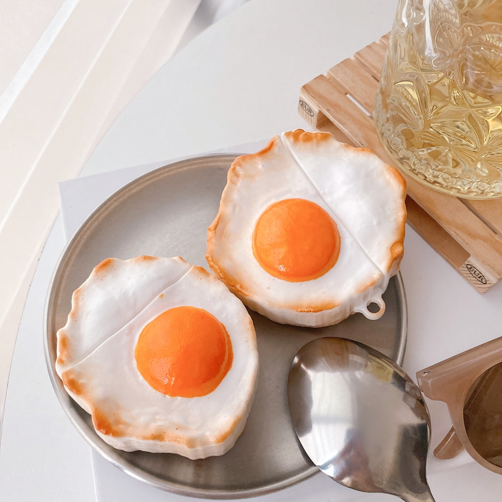 Hot Sale 3D Cartoon Fried Egg Design Earphone Case with Keychain for Airpods Pro Creative Cute Food Style Cover for Airpods 1/2