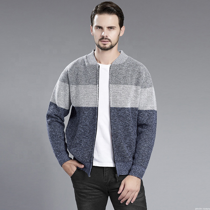 anxin xueyu O Neck Long Sleeve Grey Color Block Zip Up Mens Cardigan Sweater For Men