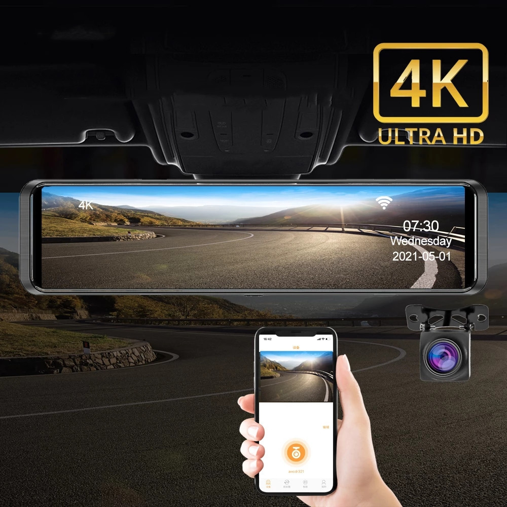 Видеорегистратор автомобильный с сенсорным экраном 12 дюймов, 4K HD, Wi-Fi, ночным видением