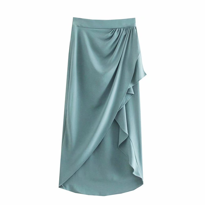 Q569 Autumn 2021 European Design Solid Color Elegant Side Ruffles Wrinkle Midi Skirt Ladies Casual Skirts Sais Clothing 8