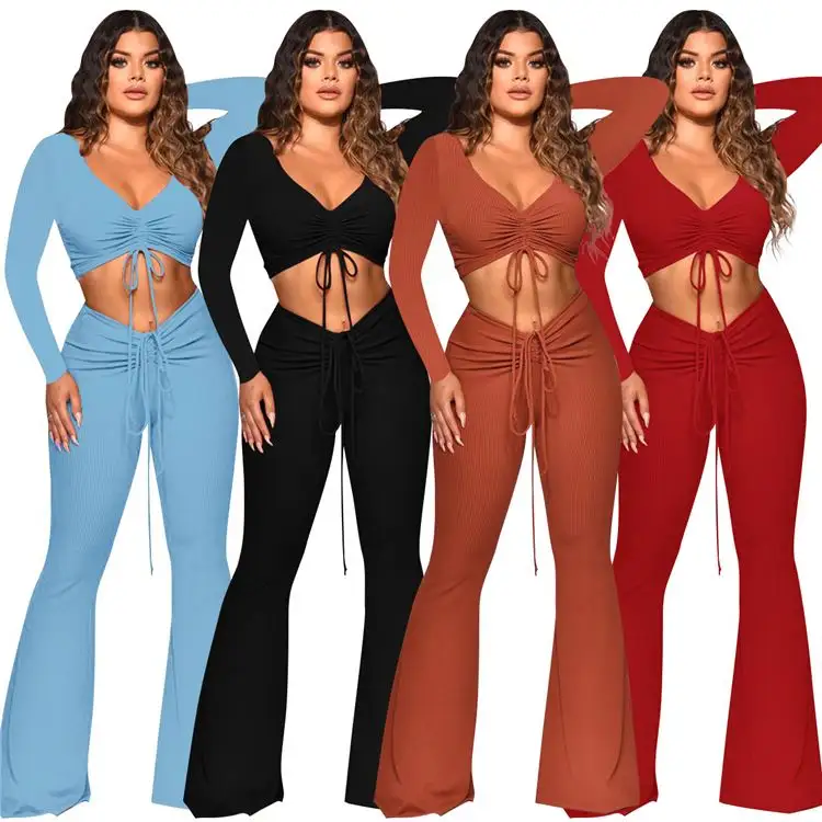 MOEN Amazon 2021 Long Sleeve Drawstring Pleat Crop Top And Flare Pants Women 2 Piece Suits Solid Color Trendy Two Piece Sets