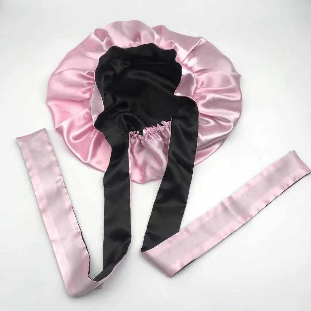 Double layer reversible braid bonnet with snap silk bonnets with tie long bonnet with snap and drawstring