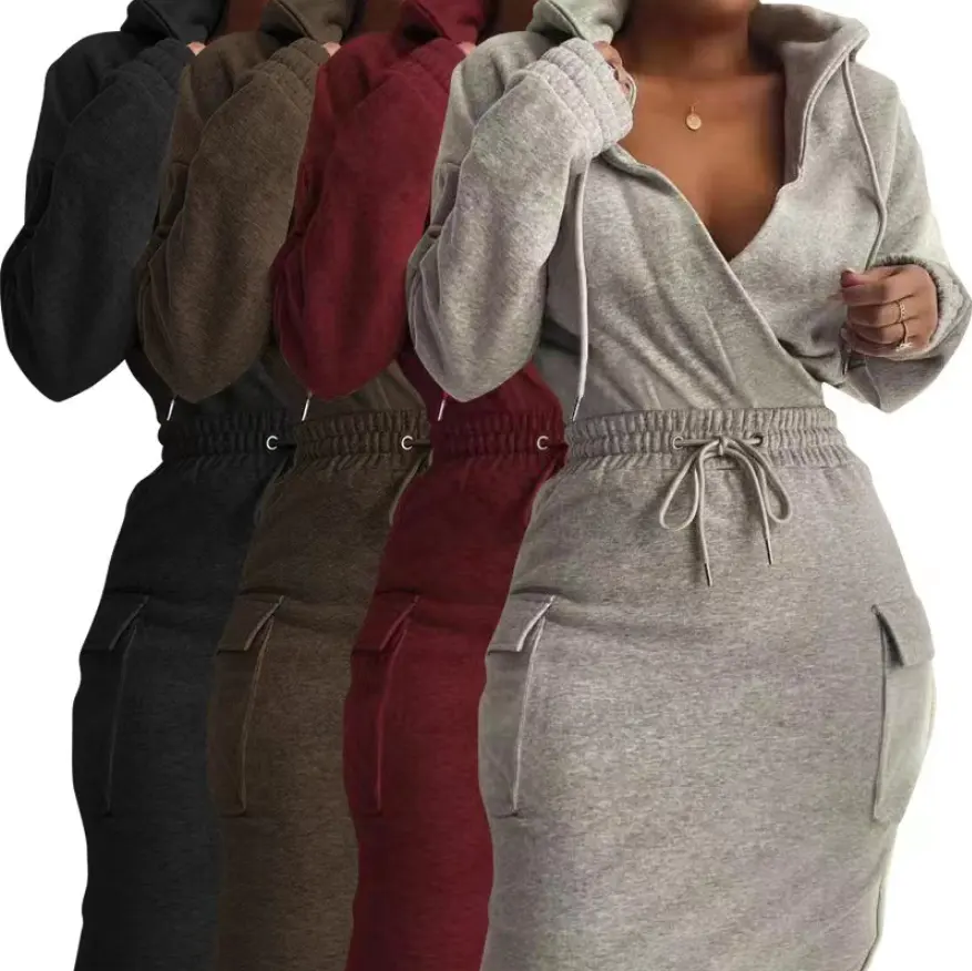 New Arrivals Bodycon Dress Flap Pocket Dirndl 2022 Spring Solid Drawstring Hooded Sweatshirt Dress