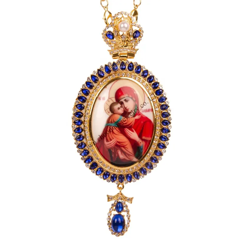 Manufacture Gold Chain Greek Orthodox Maria Oval Resin Virgin With Free PU Gift Box Zinc Alloy Large Pectoral Cross