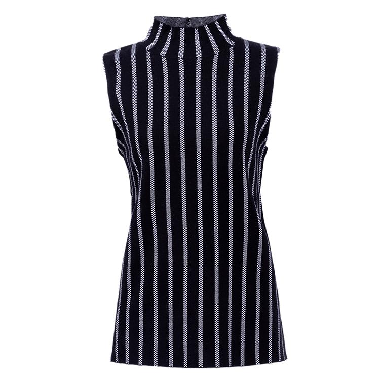 High Quality Kurtleneck Black Sweater Tank Vertical Stripe Short Sleeve Top for Women