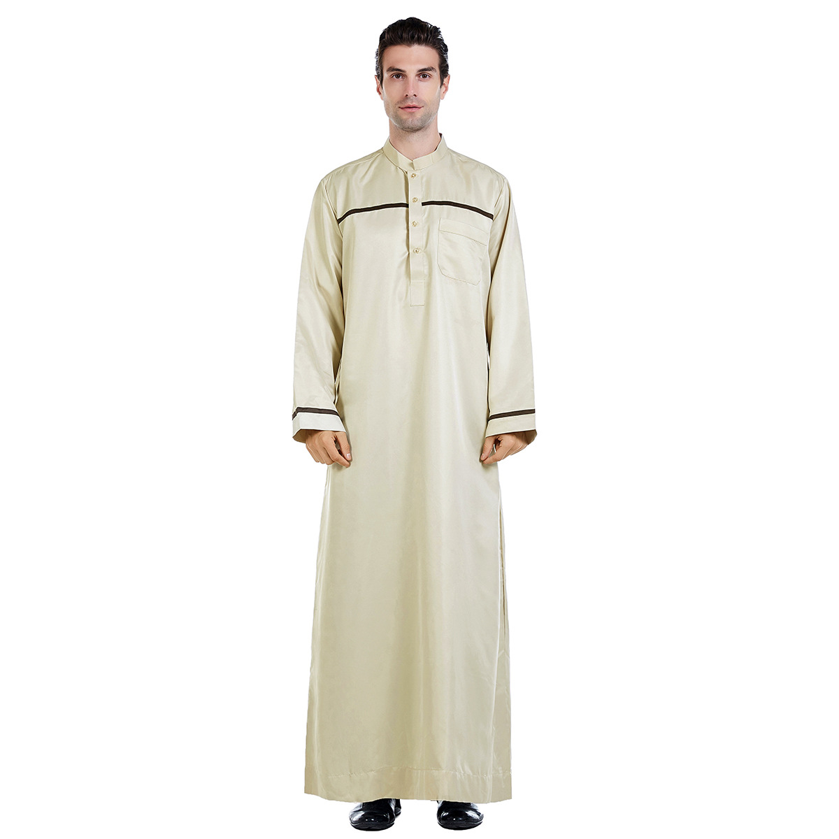 Stand Collar Buttons Thobe Thawb Muslim Dubai Islamic Religious Prayer Men's Loose Solid Color Robe