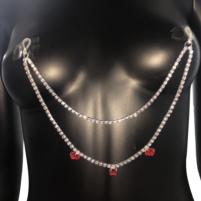 Luxury Red Crystal Rhinestone Nipple Rings Bra Chain Body Jewelry Sexy Body Chain for Women Bikini Beach Dance Fashion Jewelry
