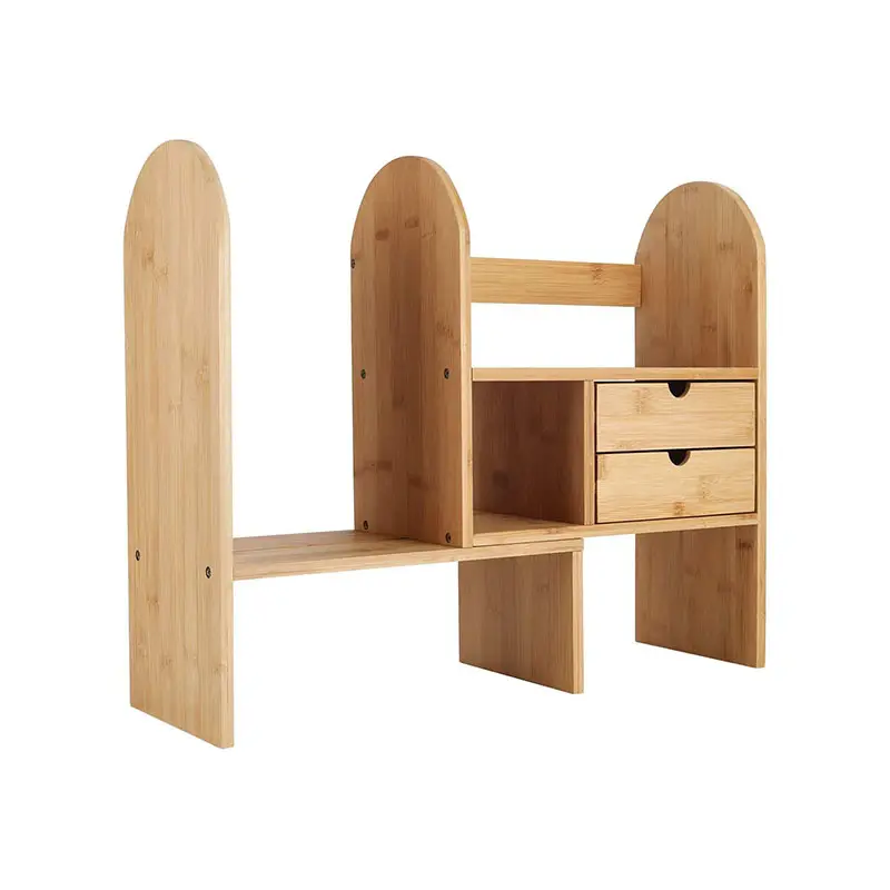 Bamboo Desktop Bookshelf Countertop Bookcase Adjustable With 2 Drawer Desk Storage Organizer Display Shelf Bamboo Storage