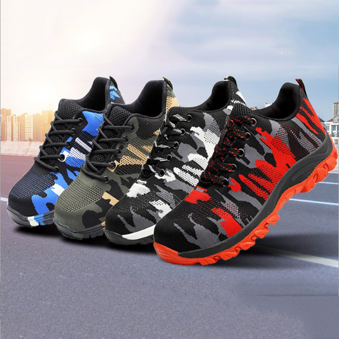 Camouflage safety shoes flying woven uppers deodorant breathable anti-smashing anti-piercing work shoes