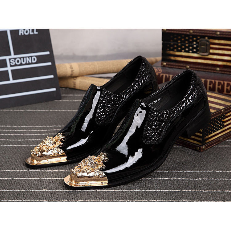 Luxury Brand Gold Metal toe glossy Dress Men Leather shoes Zapatos Hombre Pointy Formal men's dress Shoes