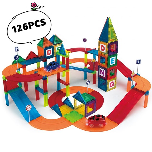 2021 Amazon Hot Selling Educational Magnetic Set Toy Car Track Magnetic Tiles 126Pcs ABS Plastic Magnet Building Tiles For Kids