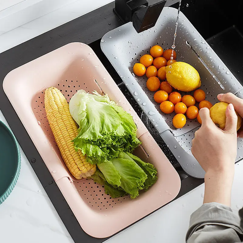 DD933  Kitchen Wash Vegetables Fruits Strainer Rack Collapsible Drain Cooked Dry Dishes Shelf Extendable Sink Colander Baskets
