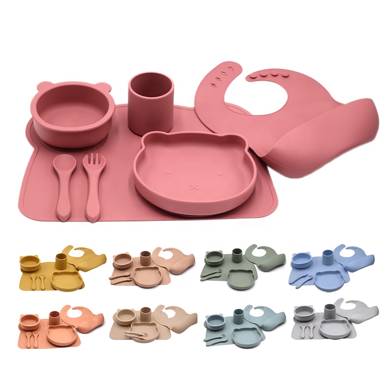 Silicone baby feeding products set Toddler Self Feeding Eating Utensils with suction base baby bibs spoon fork Divider Plate