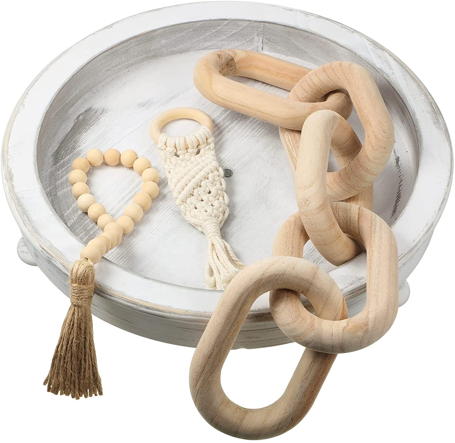 3 Pieces Wood Chain Link Decor Bead Garland with Tassels Wooden Home Decoration Wooden Loop Hand-Woven Rope