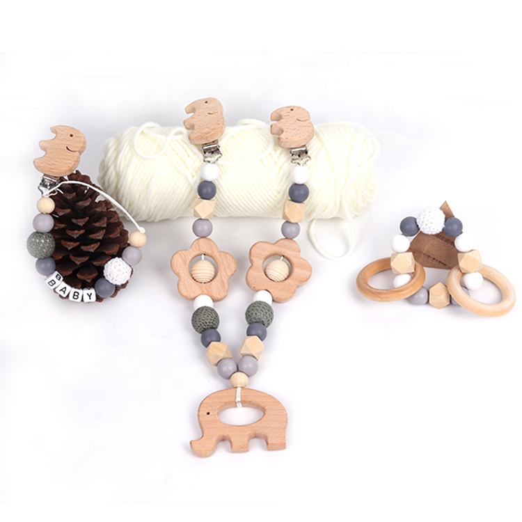 Factory custom pacifier clip set elephant shape wholesale beads chain set baby room toys newborn baby wooden teether set
