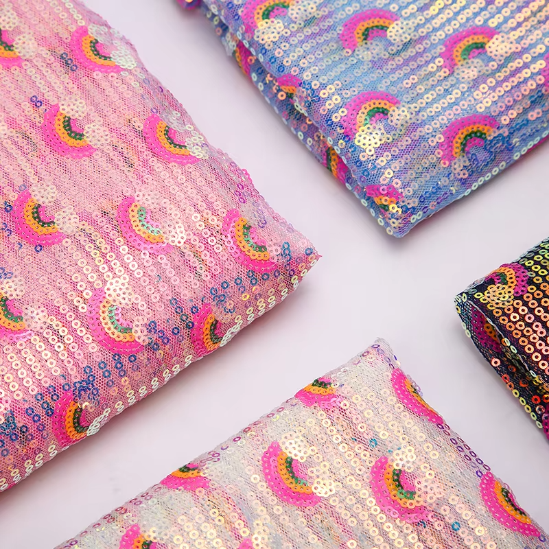 Rainbow Printed 3mm Sequin Fabric Knitted Satin Mesh Net Embroidered Kids' Dresses Bags Shoes Wedding Skirts Toys Woven Technics