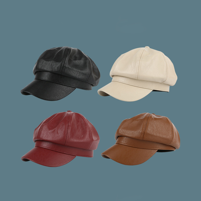 2021 fashion lady painter octagonal cap Autumn and winter Solid color Plain PU leather trendy beret hat for women