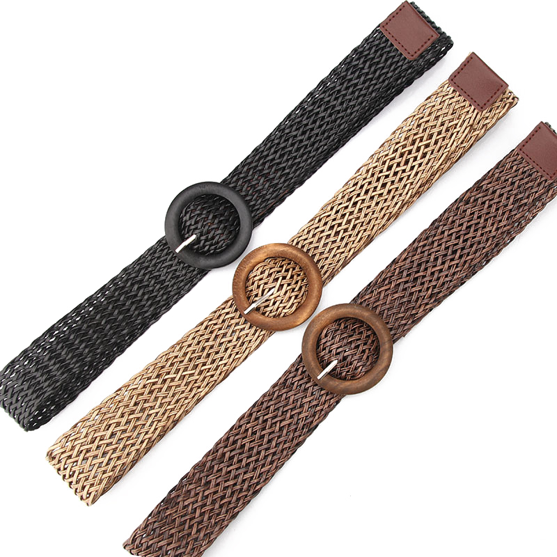 Braided Wide Women Waist Belt Black Khaki Coffee Rings Wooden Buckle Fashion Ladies Belt with Bohemian style