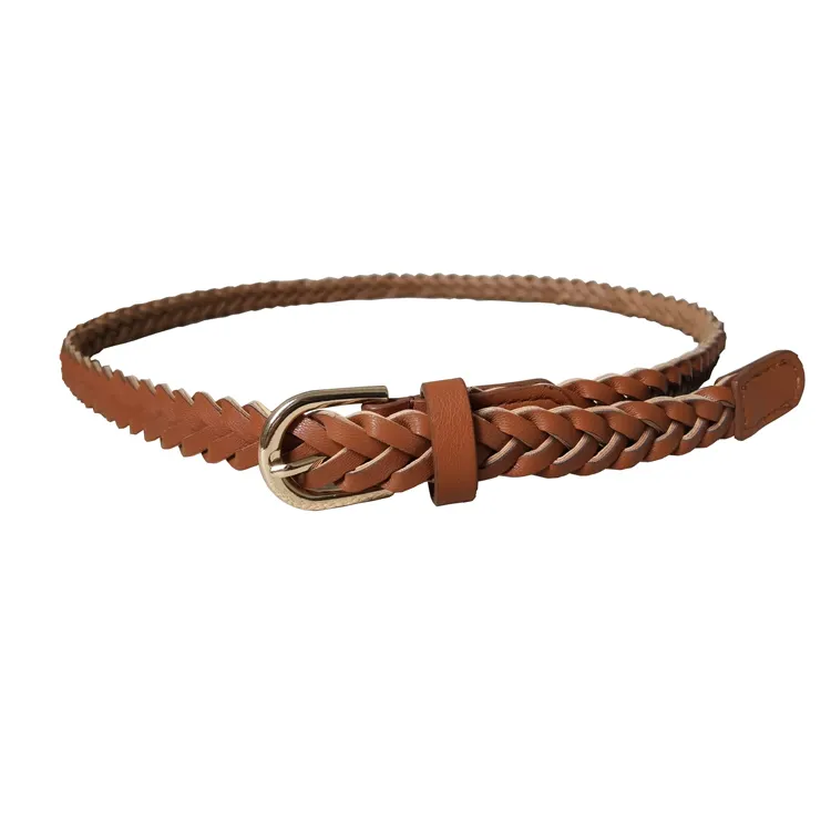 Newest Sale Weaving Casual Braided Brown PU Leather Belt Alloy Pin Buckle Dress Belts