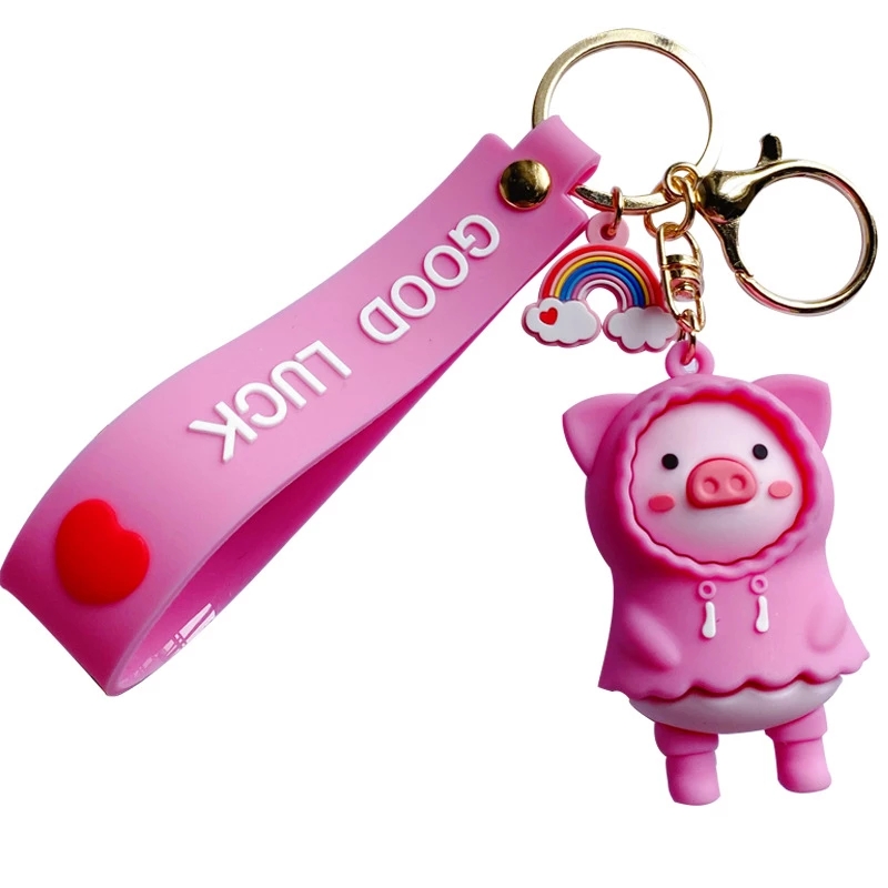 Cute Cartoon Raincoat Pig Doll Silicone Keychain for Women Bag Charms Car Key Holder Pendant Jewelry Fashion Christmas Gift