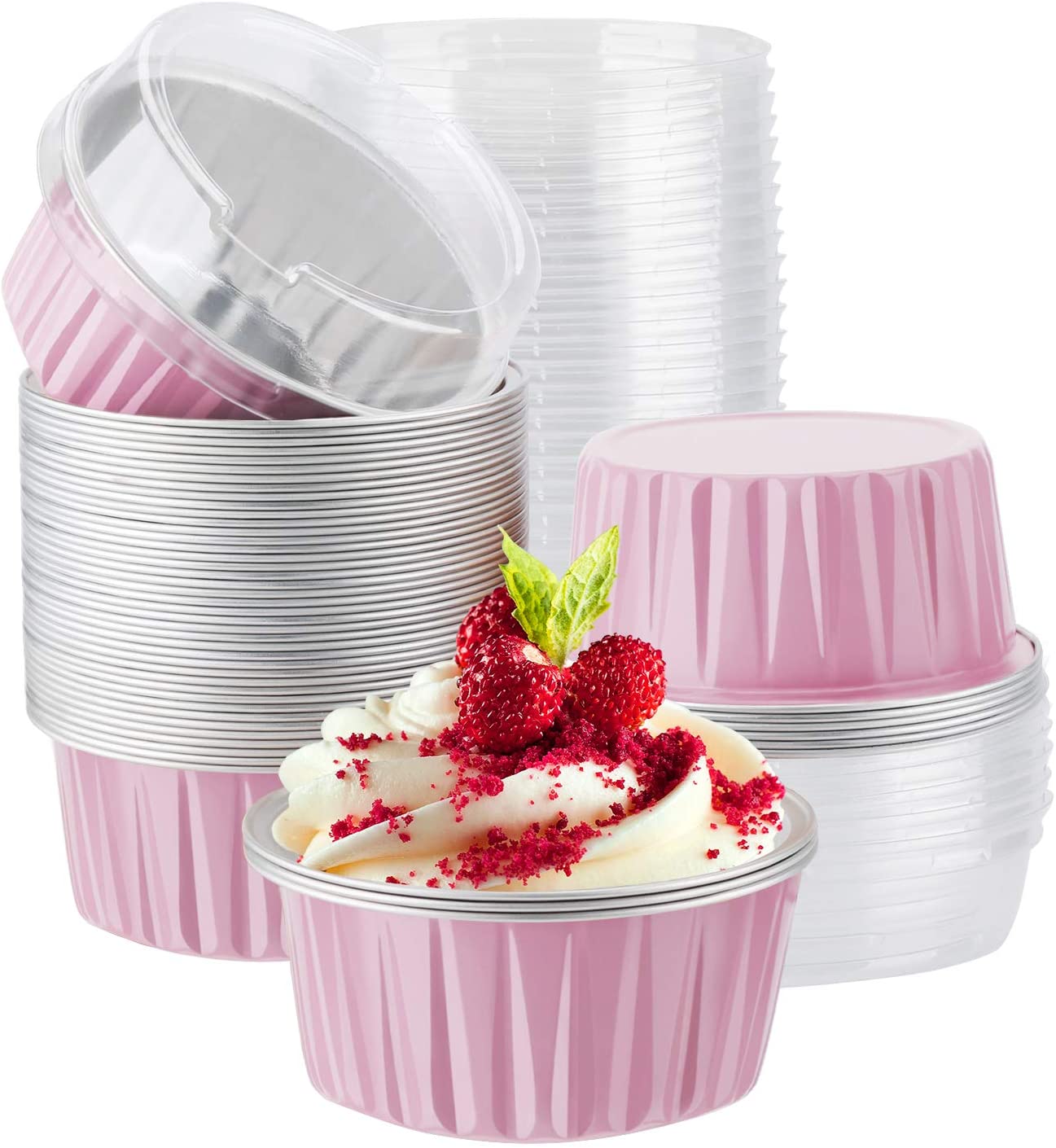 Disposable Aluminum Foil Cake Cup Colorful Small Ramekins Pans Cake Baking Cups With Plastic Lids