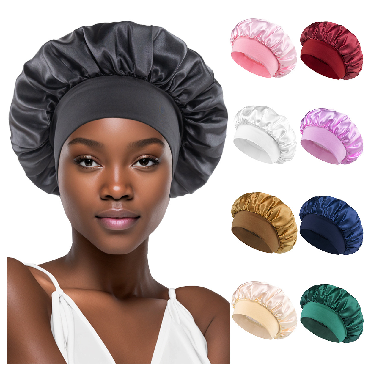 custom Classic solid color shower cap satin wide brimmed sleeping hat and hair guard hat Reusable Waterproof Shower Cap