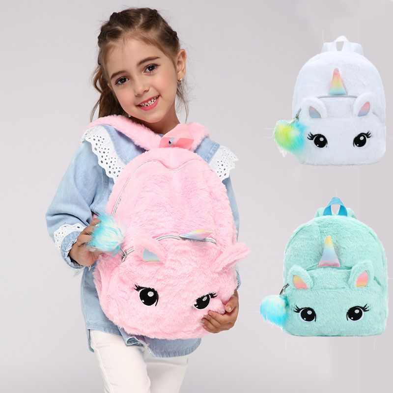 JANHE unicornio mochilas para ninos милый маленький плюшевый рюкзак с мехом для маленьких девочек, школьный рюкзак с единорогом для детей